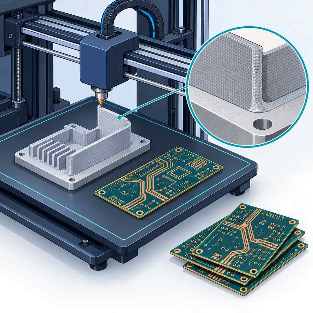 3D printer depositing a printed shielding wall and thermal structure onto a high-frequency board for rapid prototyping