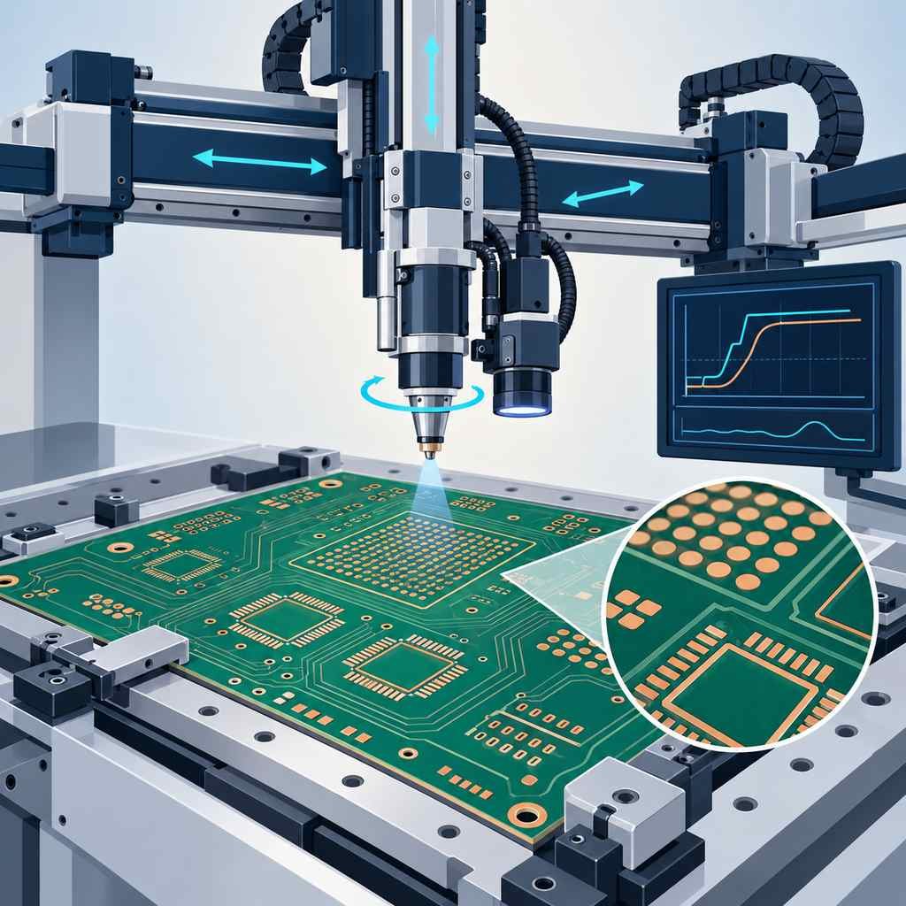 Multi-axis robotic 3D welding head with vision feedback soldering BGA and QFN joints on a high-frequency PCB