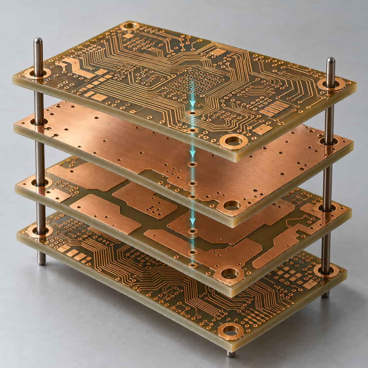 Exploded four-layer ENIG RO4350B stack with signal, ground and power planes, alignment pins and a thermal path