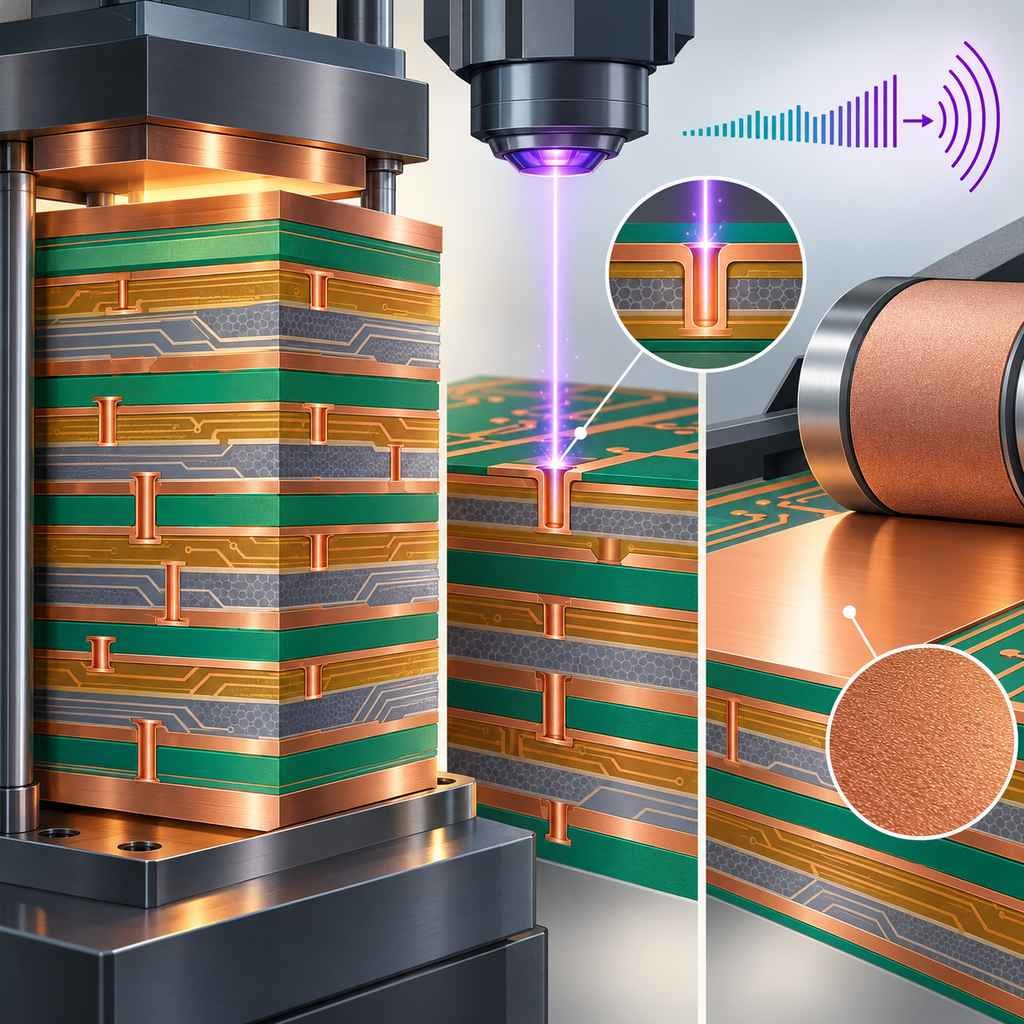 Hybrid PTFE multilayer stack under lamination beside UV laser microvia drilling and copper foil smoothing for 40 GHz and above boards