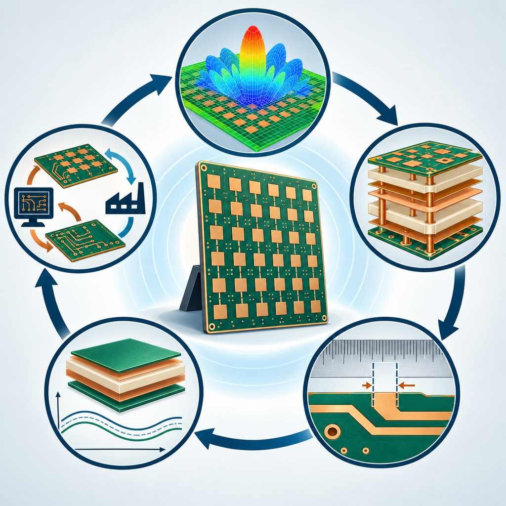 5G antenna array panel ringed by five impedance consistency icons from modelling and stack-up control to etching, materials and design feedback