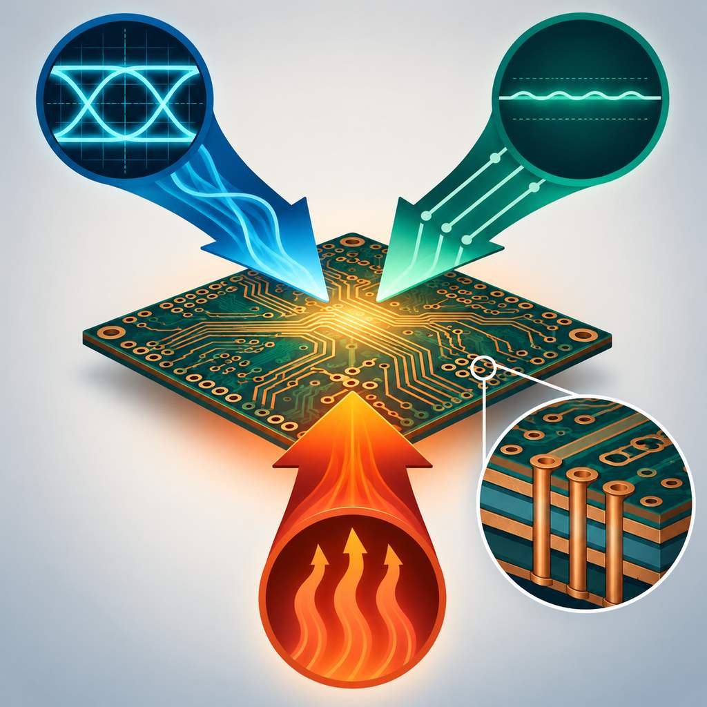 Signal integrity, power integrity and thermal arrows converging on a high-frequency board with a power plane and thermal via inset