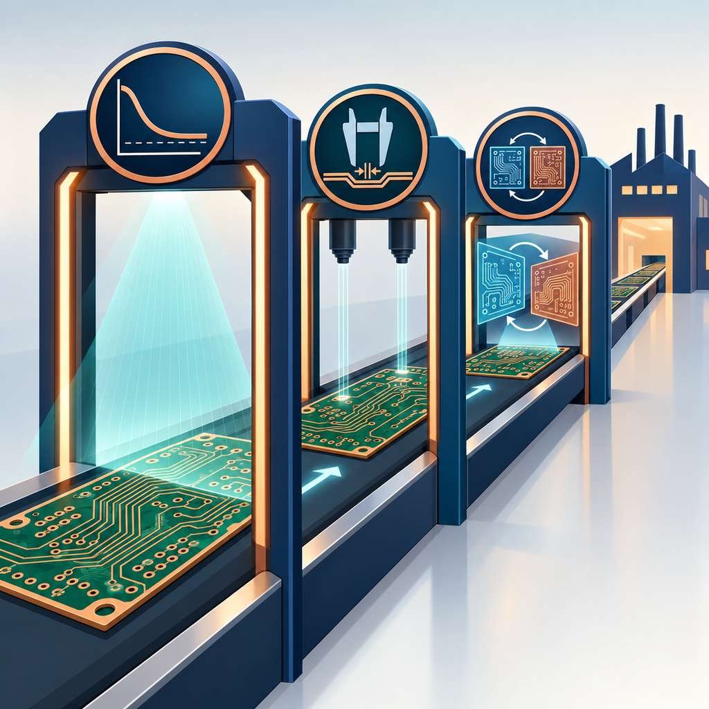 Three requirement gates of AI-era PCB manufacturing: loss-stable materials, micron precision and co-design, with a board passing along the path
