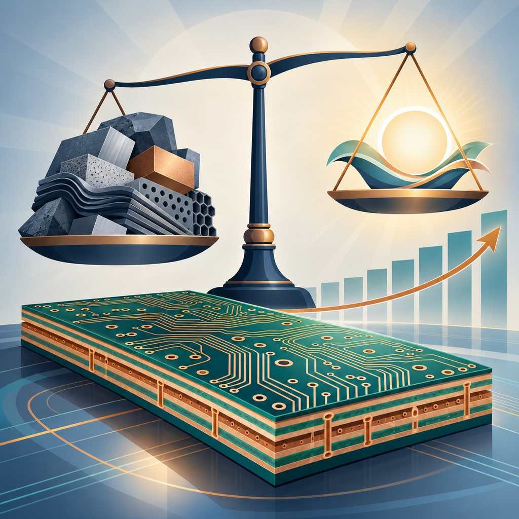 Balance scale weighing AI-era PCB challenges against opportunities, over a thick multilayer board and a rising demand curve