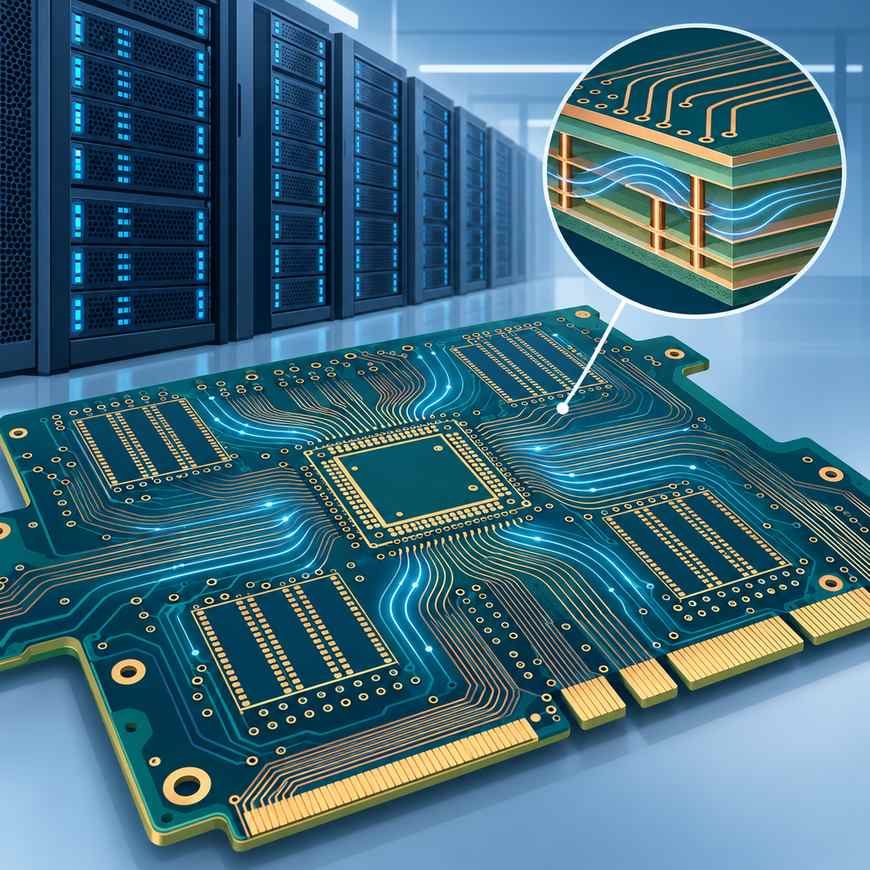 High-frequency circuit board inside an AI server with a processor package, memory modules and low-loss differential traces