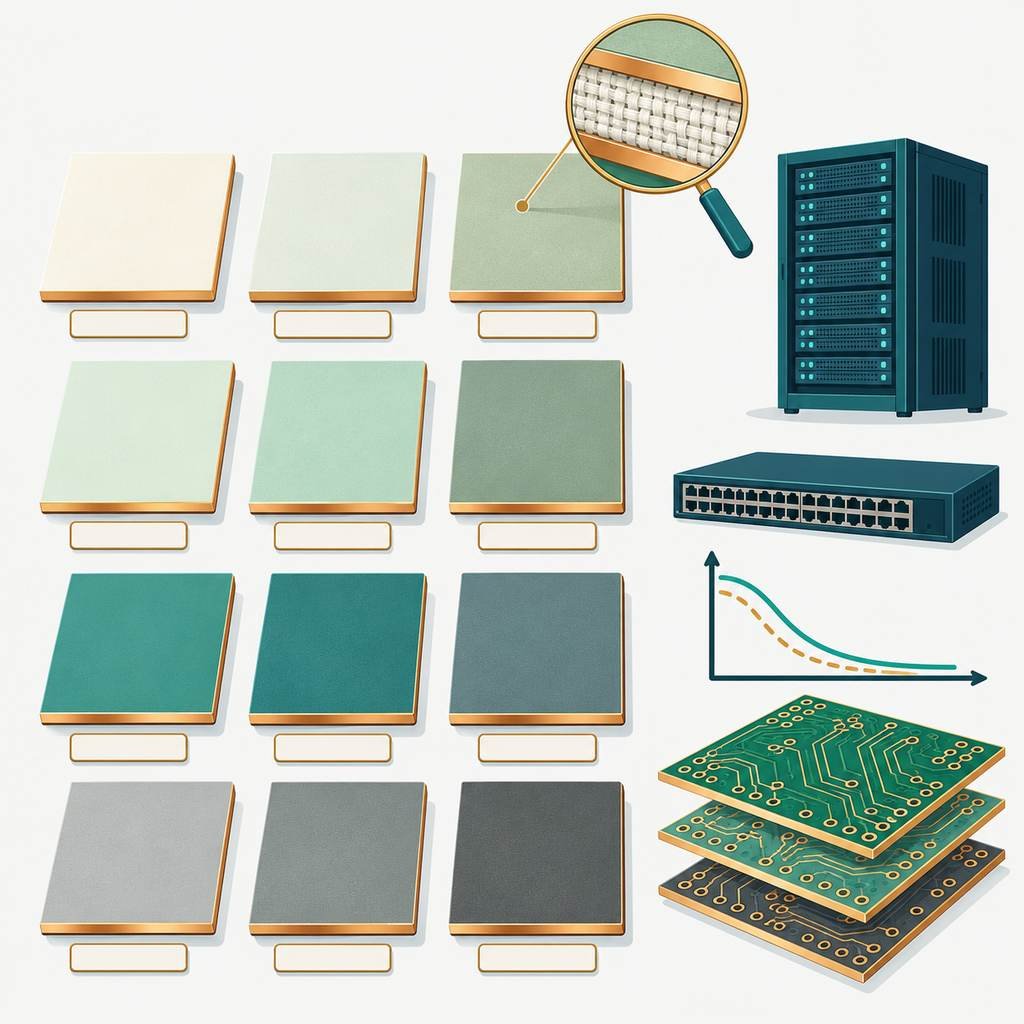 Grid of low-loss laminate sample tiles for AI server and high-speed switch PCBs with server, switch and loss-curve icons