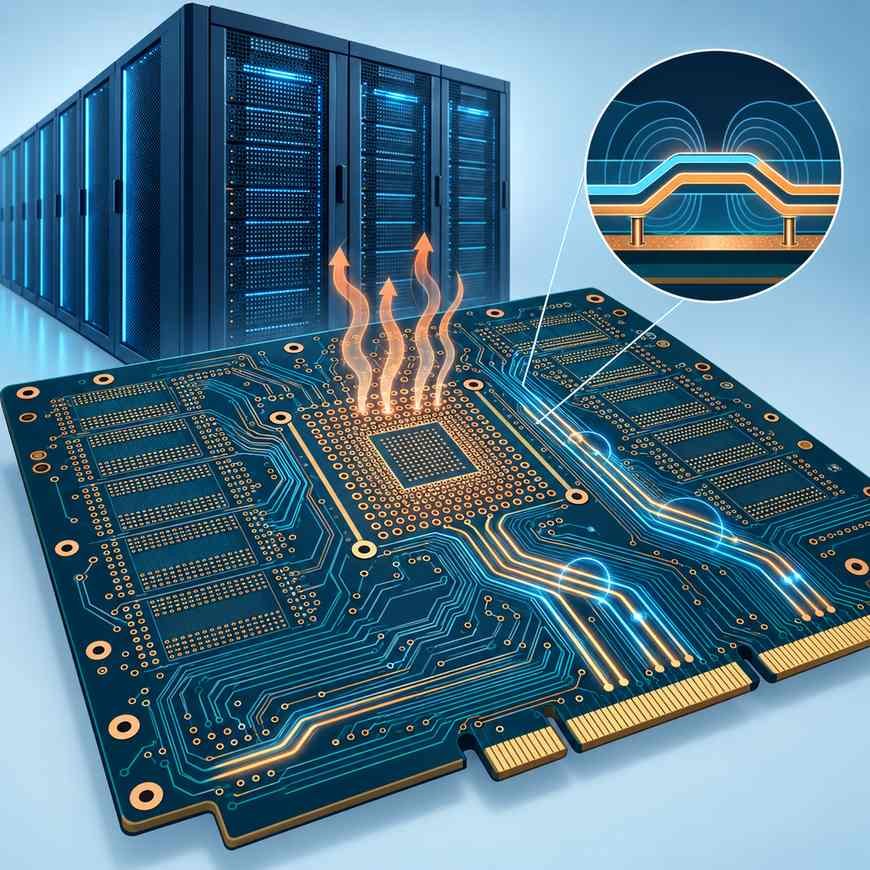 AI server rack behind a high-frequency board with a GPU package, memory modules, low-loss channels and a magnified differential pair
