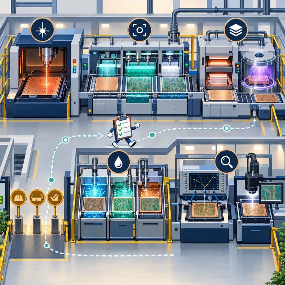 Factory floor audit path through laser drilling, imaging, lamination, surface finish and testing areas with an inspection clipboard
