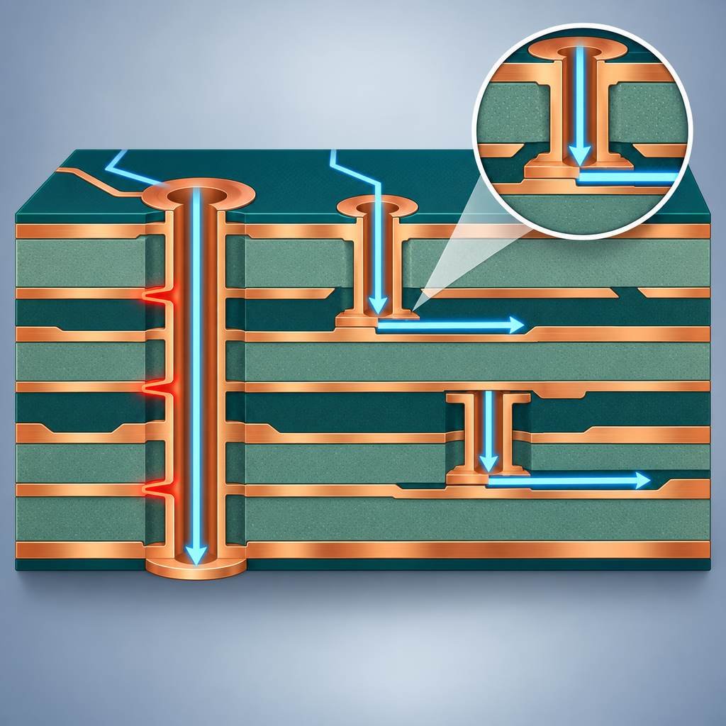 Multilayer PCB cross-section comparing through-hole, blind and buried vias, with the through-hole stub highlighted