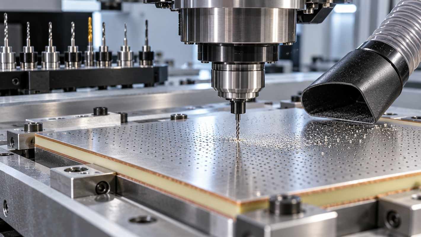 FR-4 and RO4250B PCB Lamination Processing Guide: Key Manufacturing Considerations for High-Frequency PCBs 3 High-speed CNC drilling spindle boring micro-vias into a high-frequency PCB panel