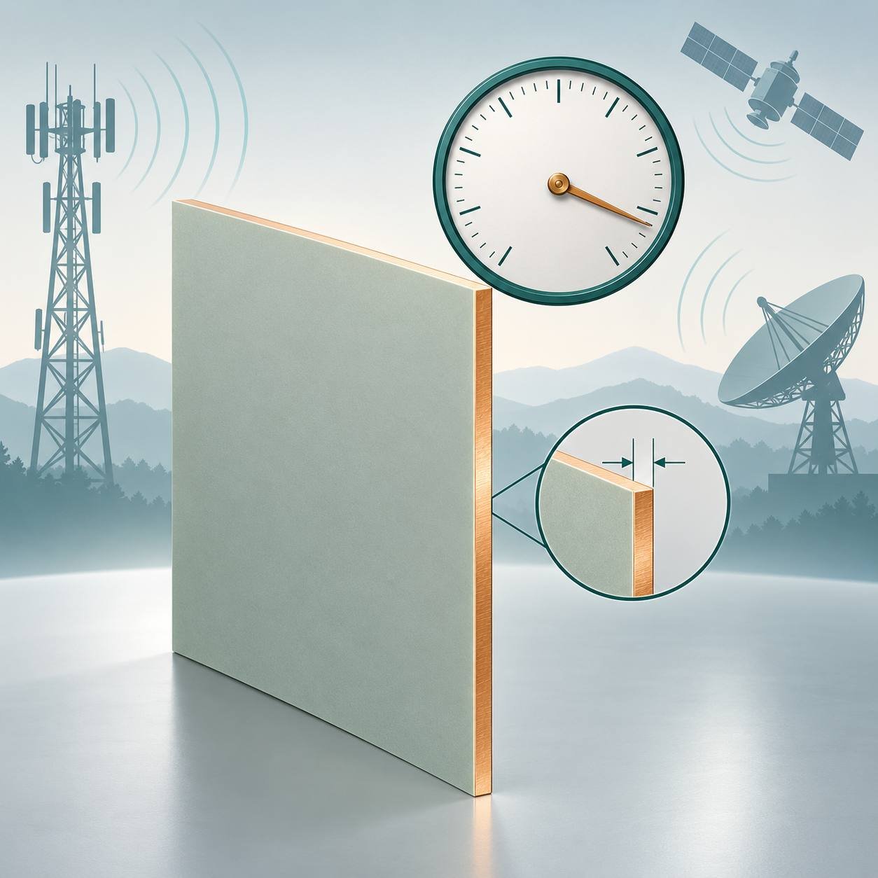 Ceramic-filled PTFE laminate panel with a thickness caliper callout and a dial, against antenna, radar and satellite silhouettes