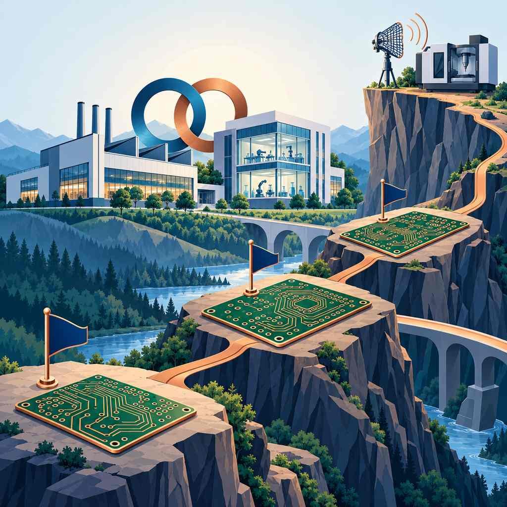 Rising path of milestone flags toward an unclimbed millimetre-wave and precision equipment cliff, with factory and laboratory in collaboration