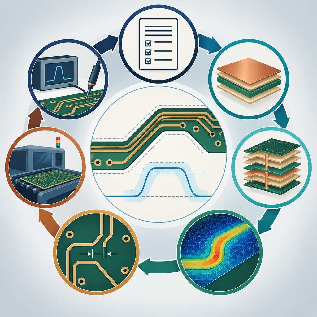 Seven-step controlled impedance design ring from requirement and material through simulation, routing, factory control and TDR verification