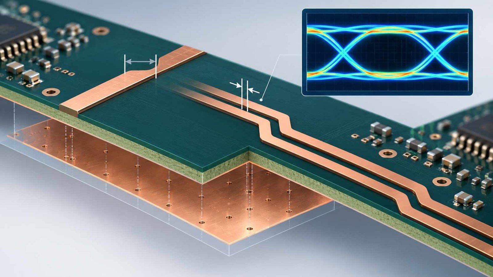 Controlled-impedance microstrip and differential-pair routing over a ground plane with a signal-integrity waveform