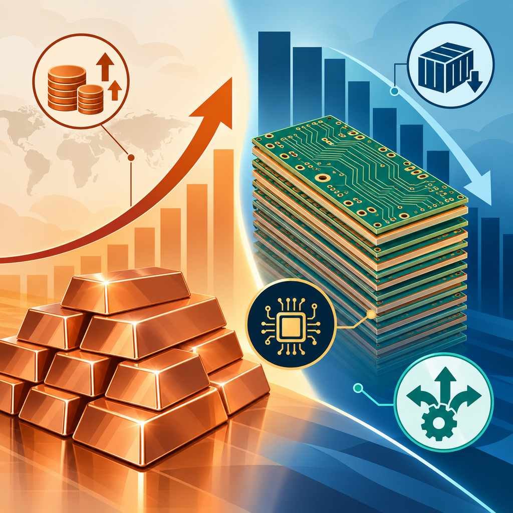 Rising copper price curve beside multilayer PCB stack, illustrating cost pressure and surging high-end board demand