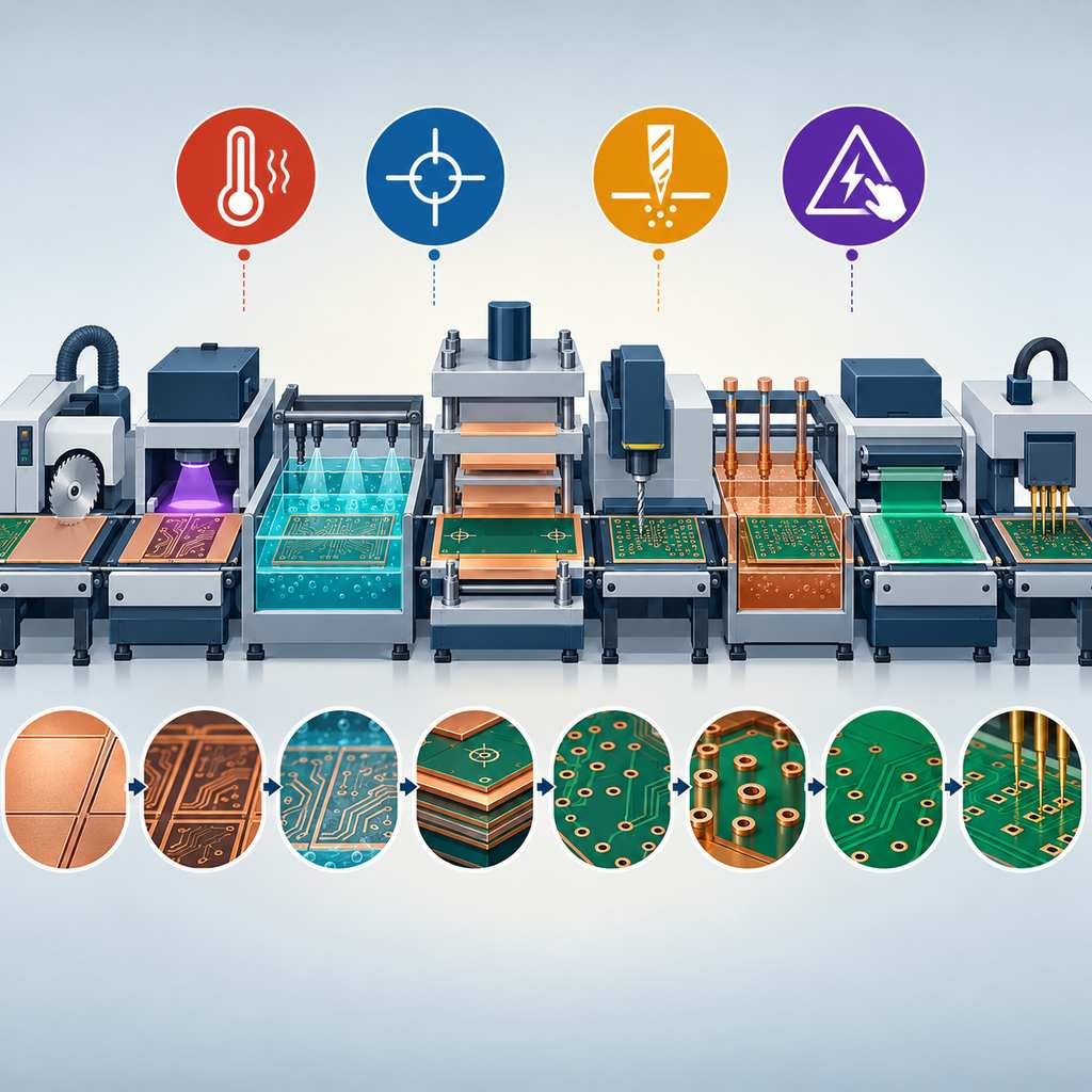Eight-stage double-sided multilayer PCB production line with temperature, alignment, hole quality and ESD control markers