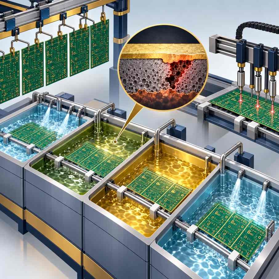ENIG plating line with micro-etch, nickel and gold baths, a magnified porous corrosion pocket and plating uniformity probes