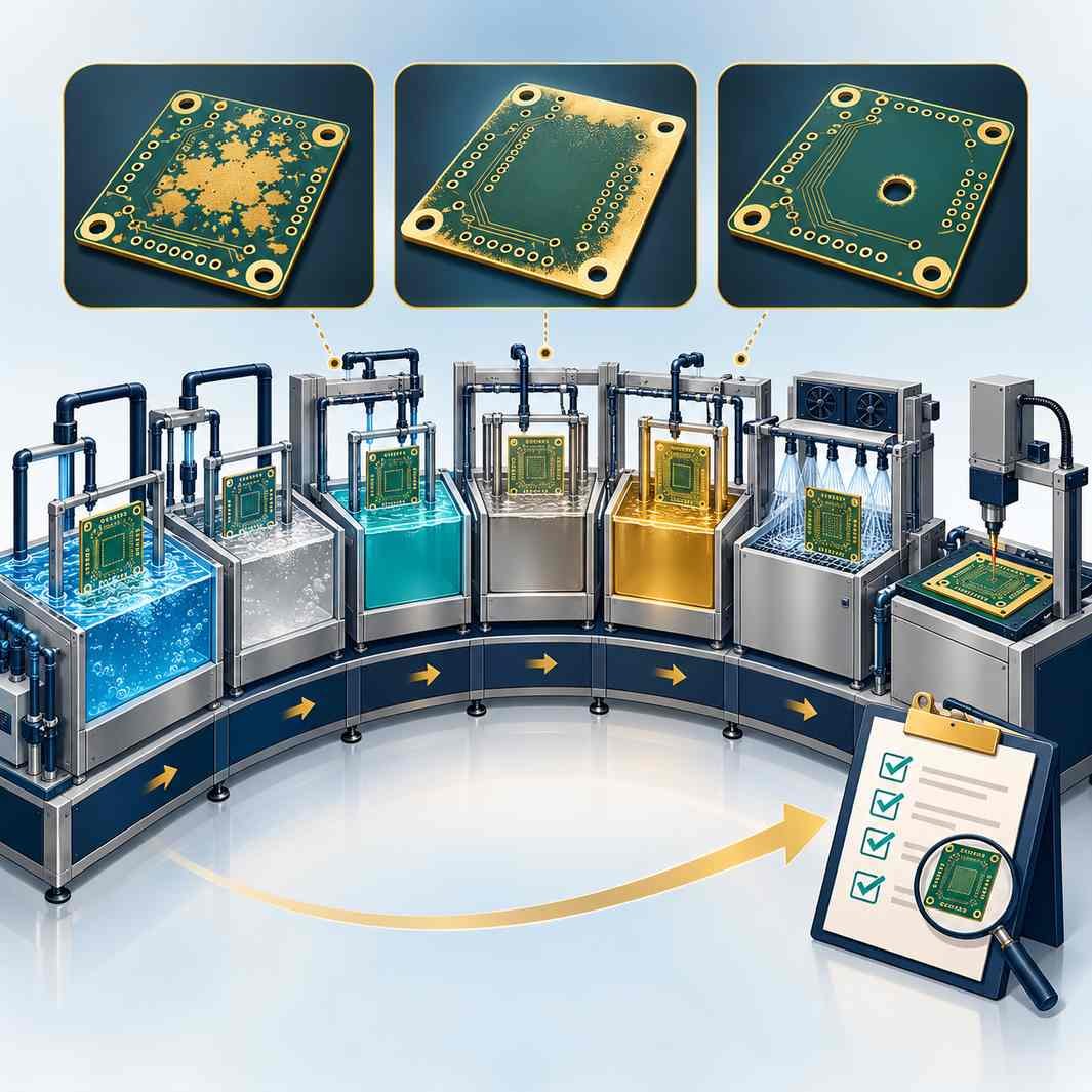 Complete ENIG line of seven stations for RF PCBs with three uneven plating pattern coupons and a final RF test bench