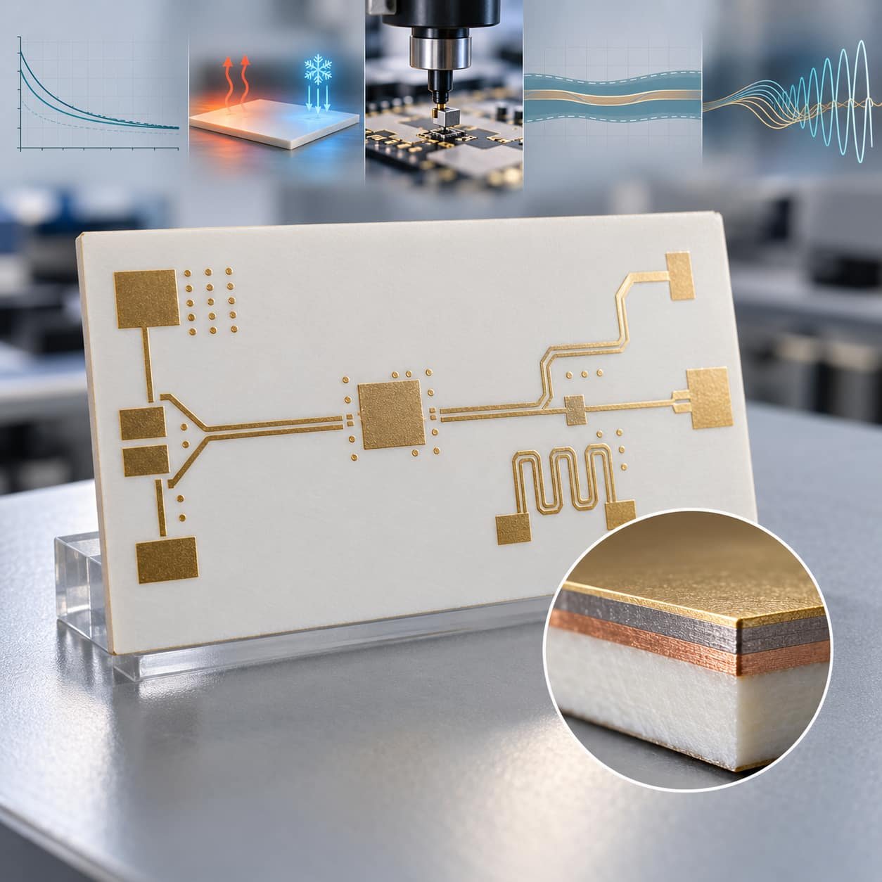 RT/duroid 5880 PTFE panel with five advantage callouts for loss, environment, assembly, impedance and frequency reach, finished in ENIG gold