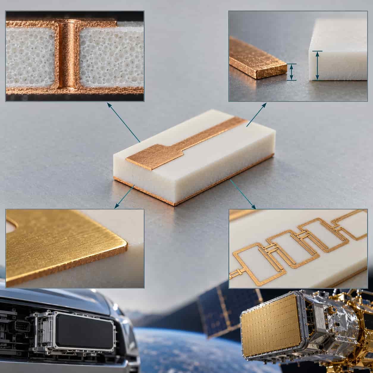 RT/duroid 5880 cross-section with four arrows leading to decision cards for isotropy and vias, CTE, gold finish and filter tolerance