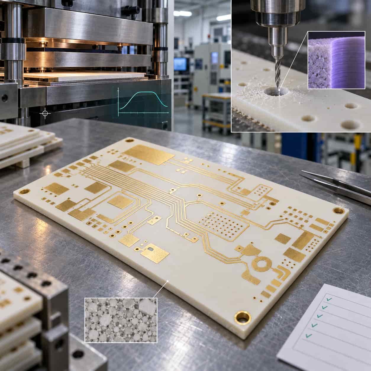 ENIG RO3003 ceramic-filled PTFE panel on a factory bench with lamination, drilling and hole-wall detail and a qualification checklist
