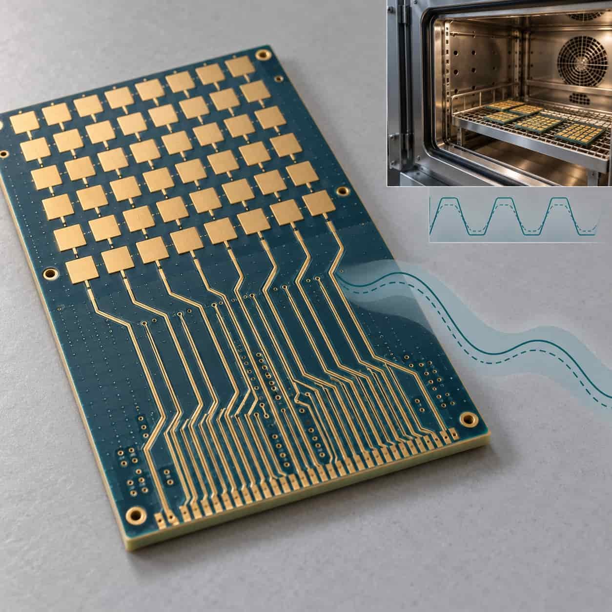 TLY-5 millimetre-wave phased array panel with parallel channels, phase waveforms inside a tolerance band and an ENIG finish layer