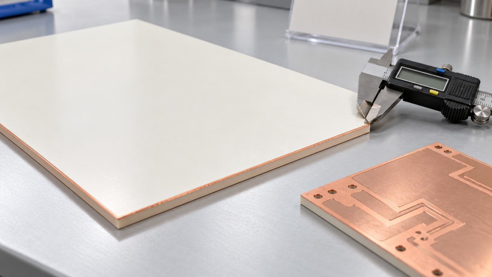 F4B PTFE high-frequency laminate sheet beside a cut PCB blank with a caliper