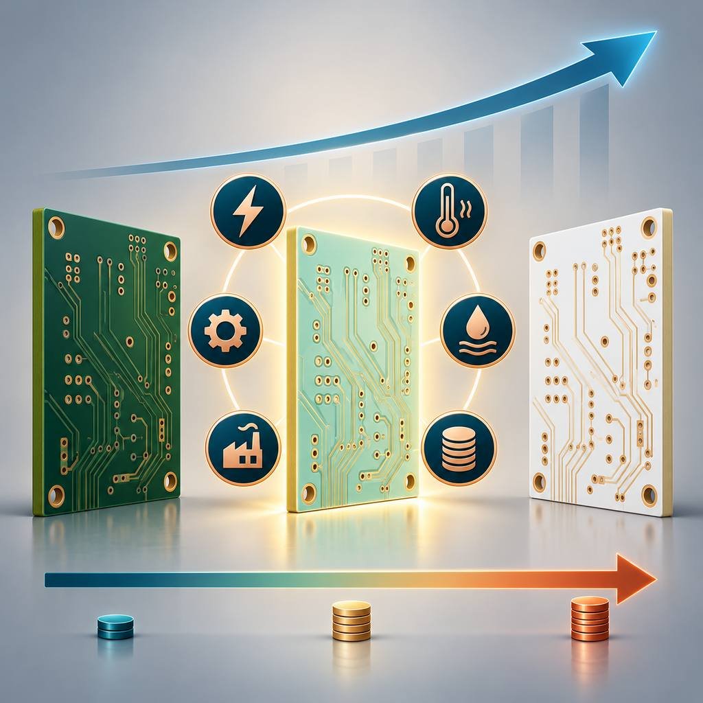 F4B laminate panel positioned between FR-4 and premium PTFE, with six icons for its electrical, thermal, mechanical and cost advantages