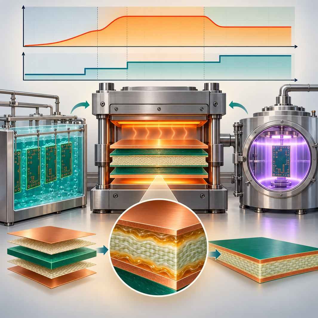 F4B and FR4 hybrid stack in a lamination press with temperature profile, three-step pressure staircase and surface treatment stations