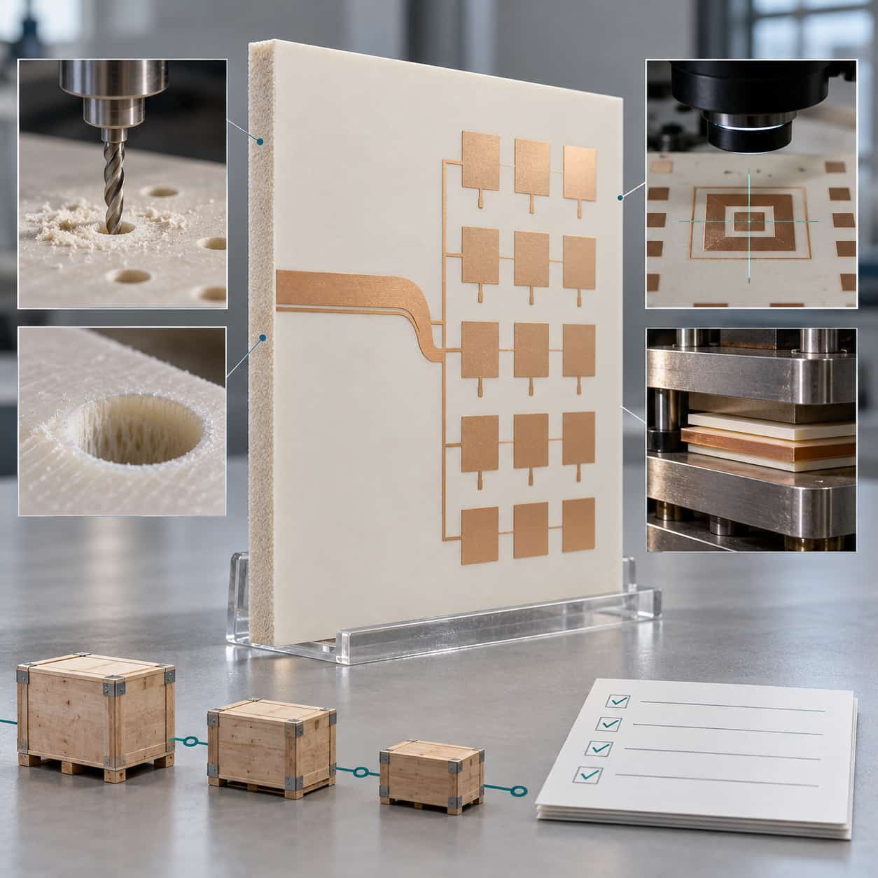 F4BM-220 PTFE laminate panel with drilling, registration and lamination challenge icons and a supply chain qualification card