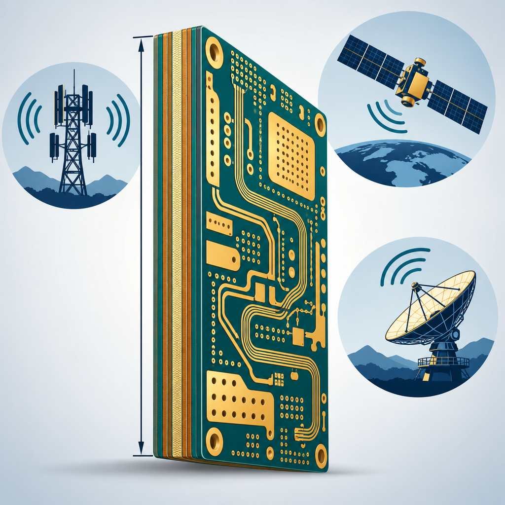 Thick F4BM220 gold-immersed high-frequency board shown edge-on with its multilayer cross-section and base-station, satellite and radar applications