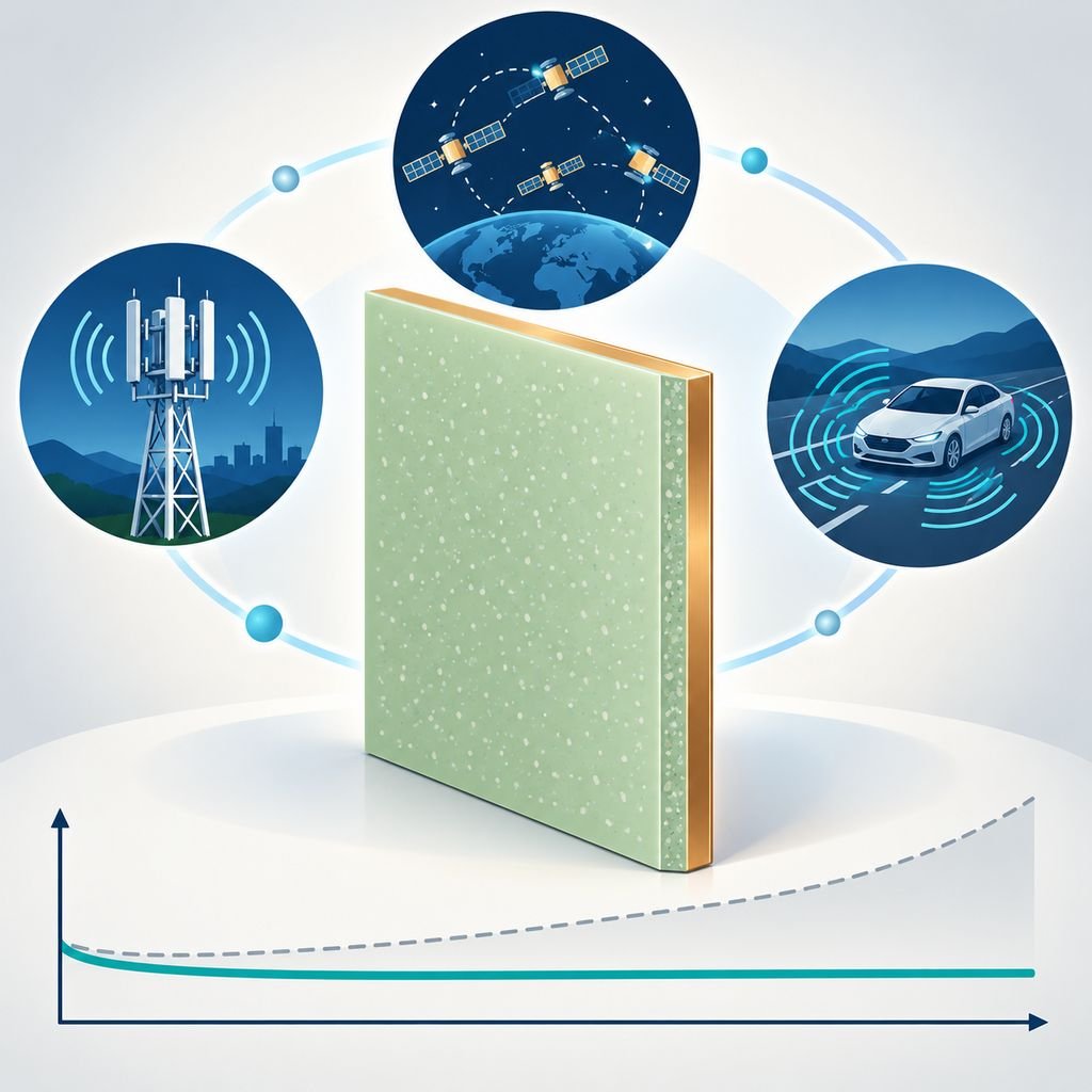 F4BM255 ceramic-filled PTFE laminate panel with base-station, satellite navigation and automotive radar application silhouettes