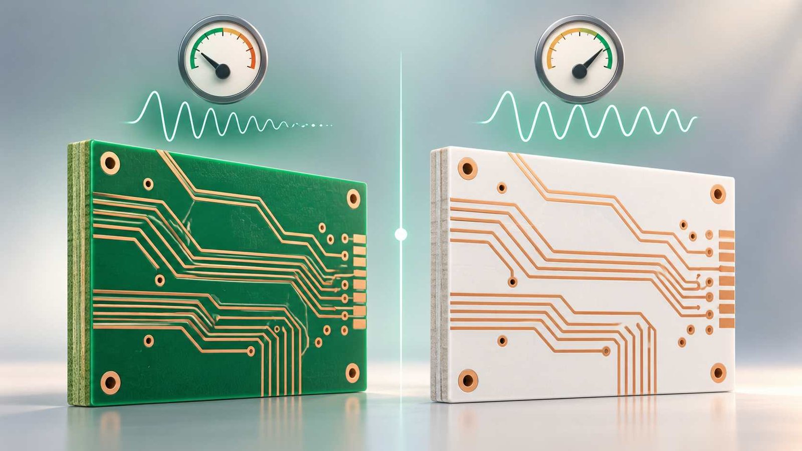 Side-by-side comparison of FR-4 and F4B substrate panels with dielectric and loss indicator dials