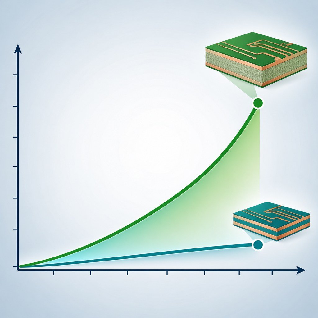 Insertion loss versus frequency chart comparing FR-4 and F4B laminates with a widening loss gap