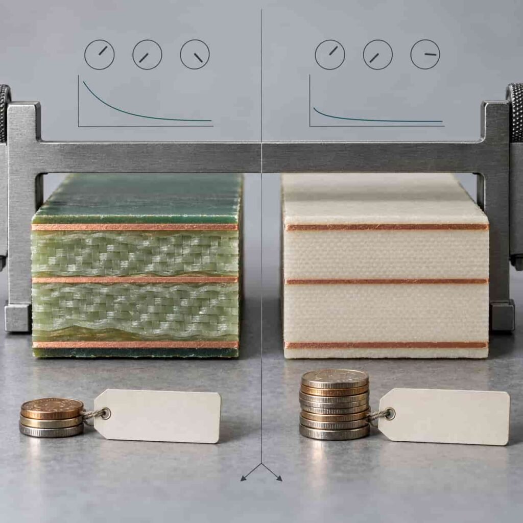 FR4 substrates vs high-frequency materials 9 FR-4 board cross-section with woven glass beside an engineered high-frequency laminate, compared on parameter dials, loss curves and cost tags