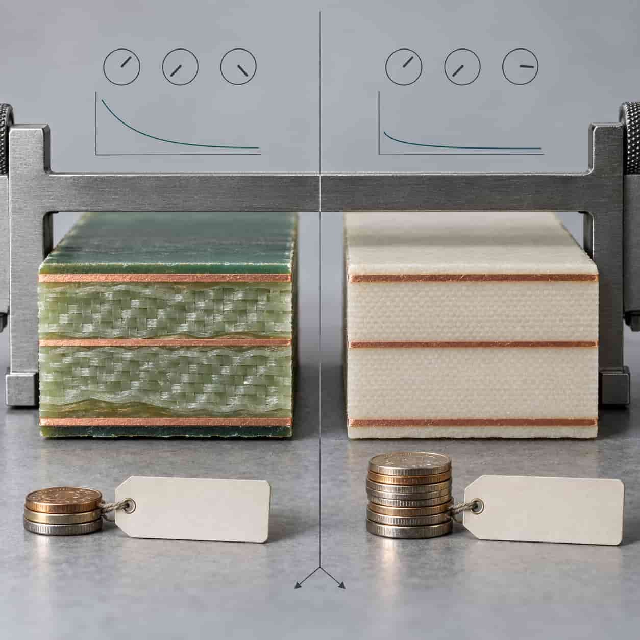 FR-4 board cross-section with woven glass beside an engineered high-frequency laminate, compared on parameter dials, loss curves and cost tags