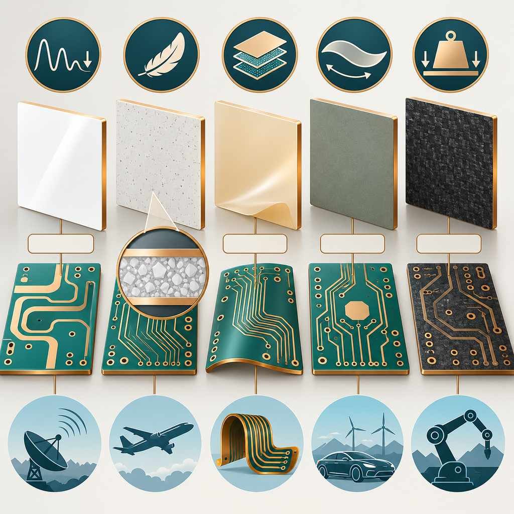 Five high-frequency substrate families as sample tiles from PTFE through ceramic-filled, flexible LCP, modified PPE and special composites