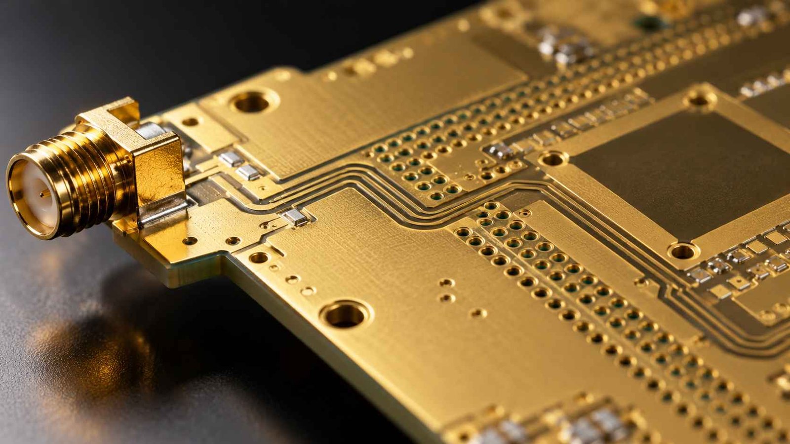 Gold-plated ENIG high-frequency PCB with fine RF traces and connector footprint under warm highlights