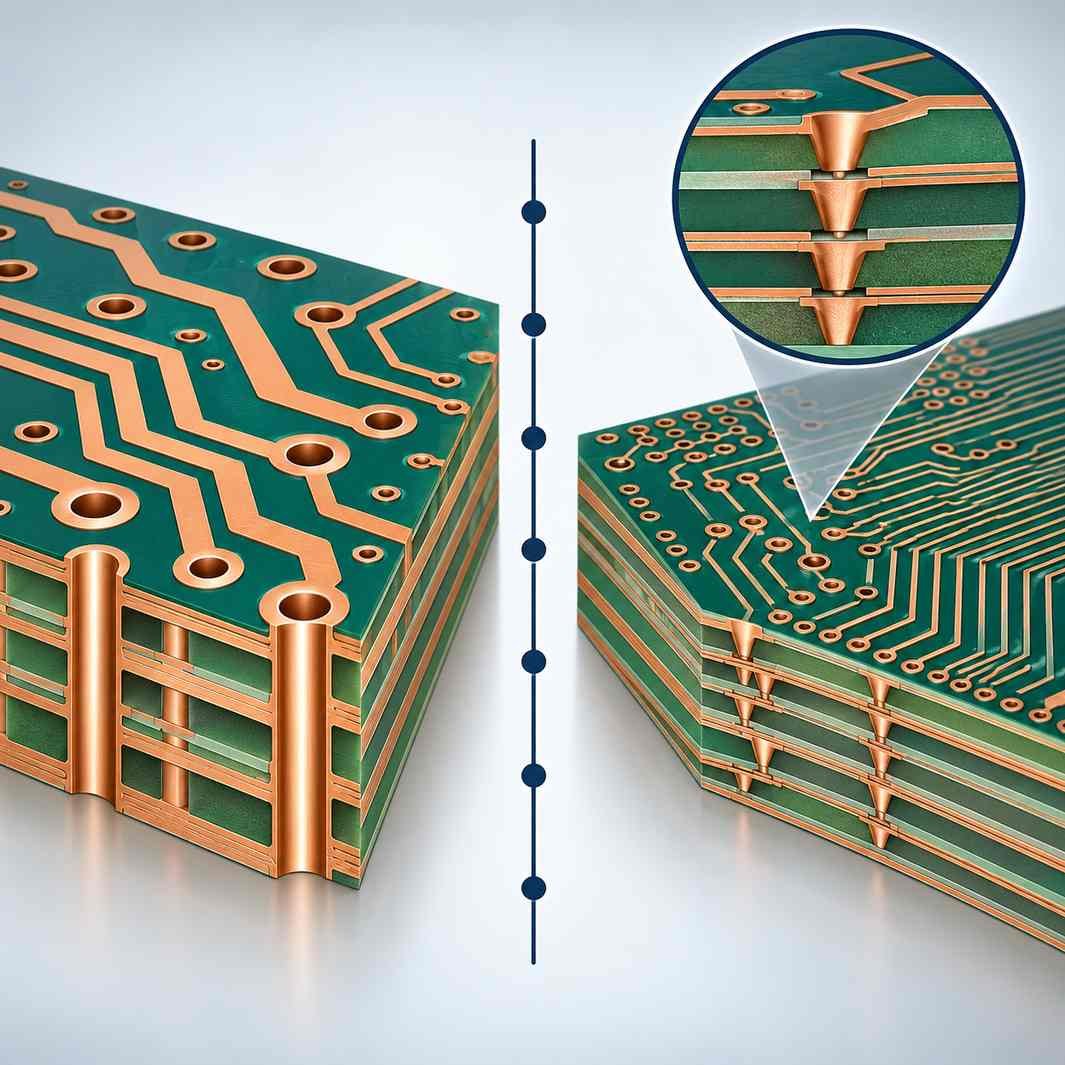 Traditional multilayer board beside a denser HDI board with stacked microvias, separated by six comparison tick marks