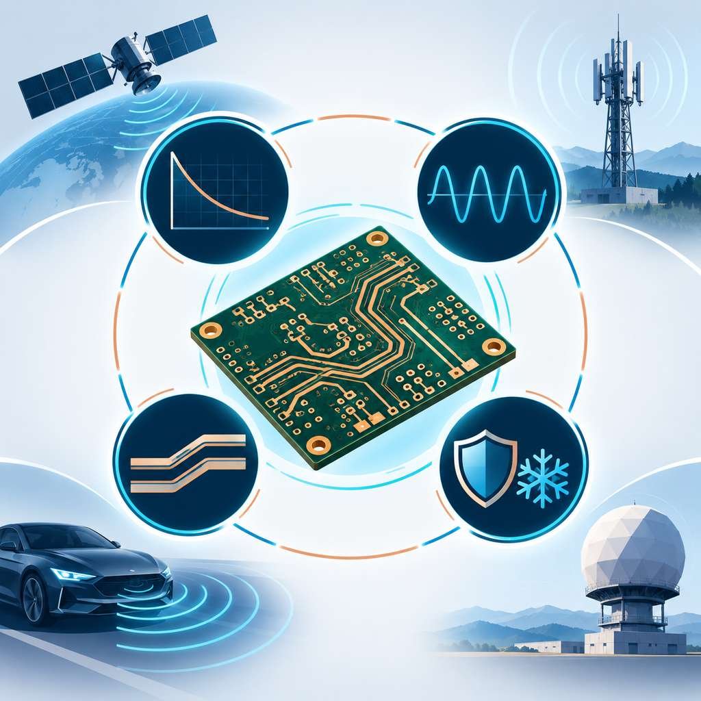 High-frequency PCB at the centre of low-loss, signal stability, precision trace and environmental resilience icons with satellite, base station, radar and instrument silhouettes