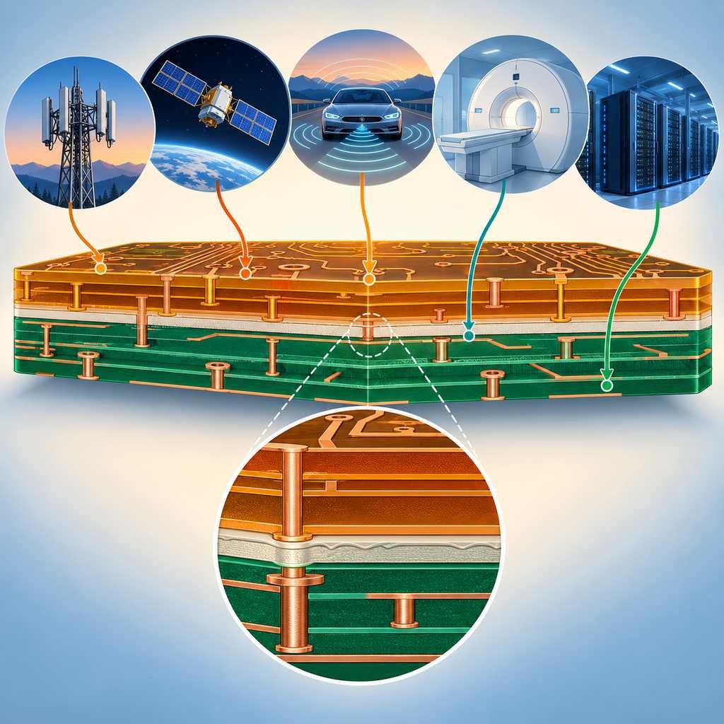 High-frequency and FR-4 hybrid board with five industries pointing to the layers each one relies on