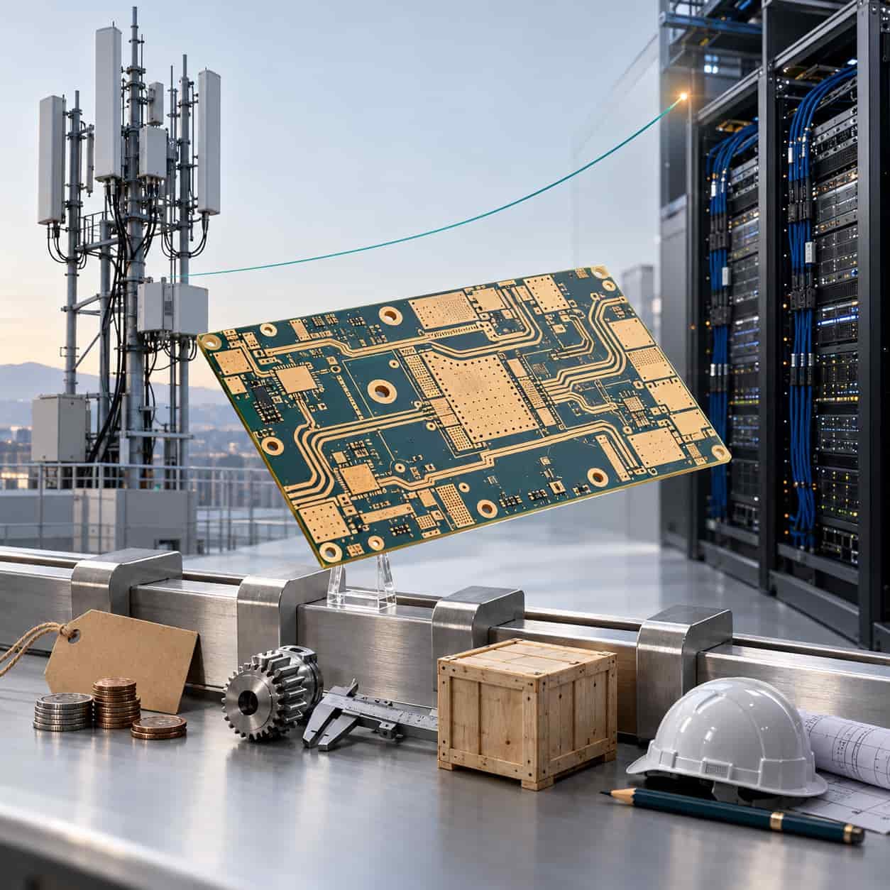 Rising demand curve from 5G to AI above a process hurdle with four barriers of cost, precision, supply and talent