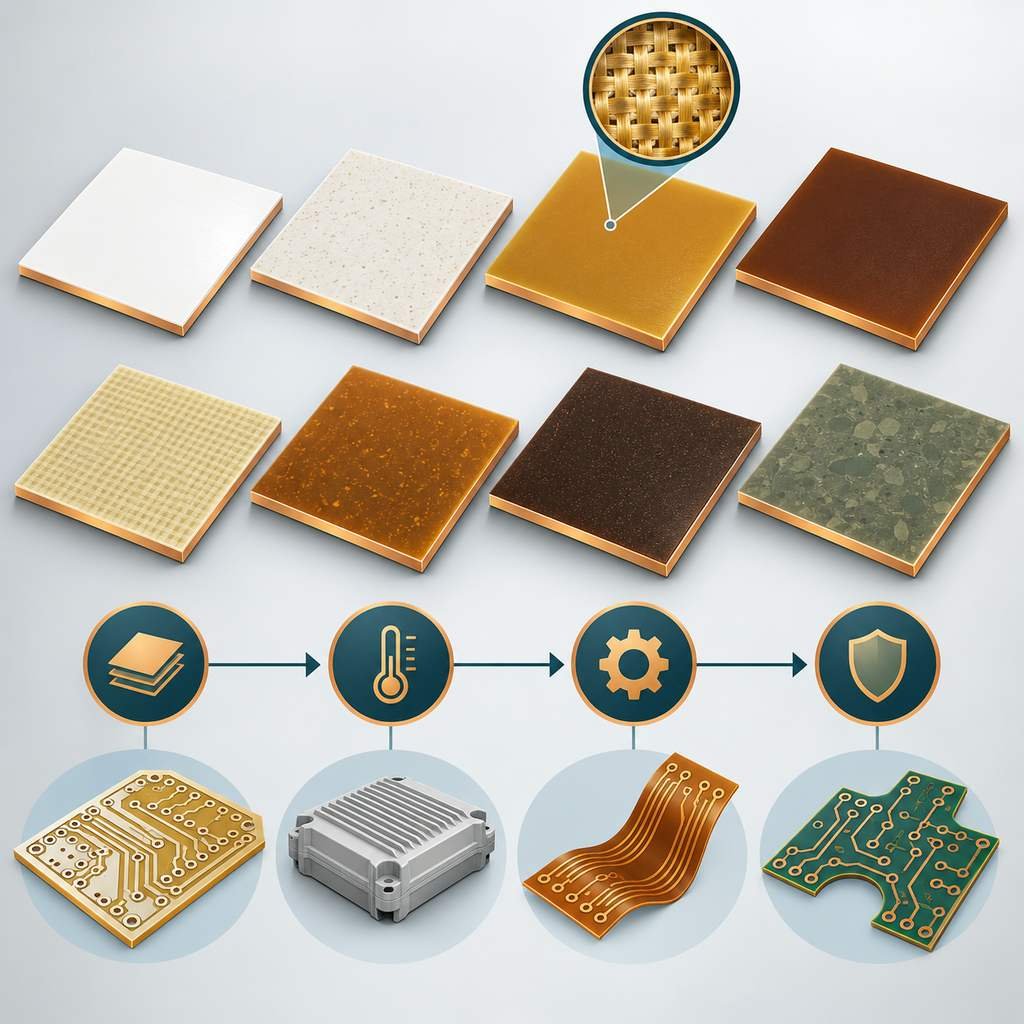 Eight microwave PCB substrate families arranged as laminate sample tiles with a decision sequence and a magnified core texture