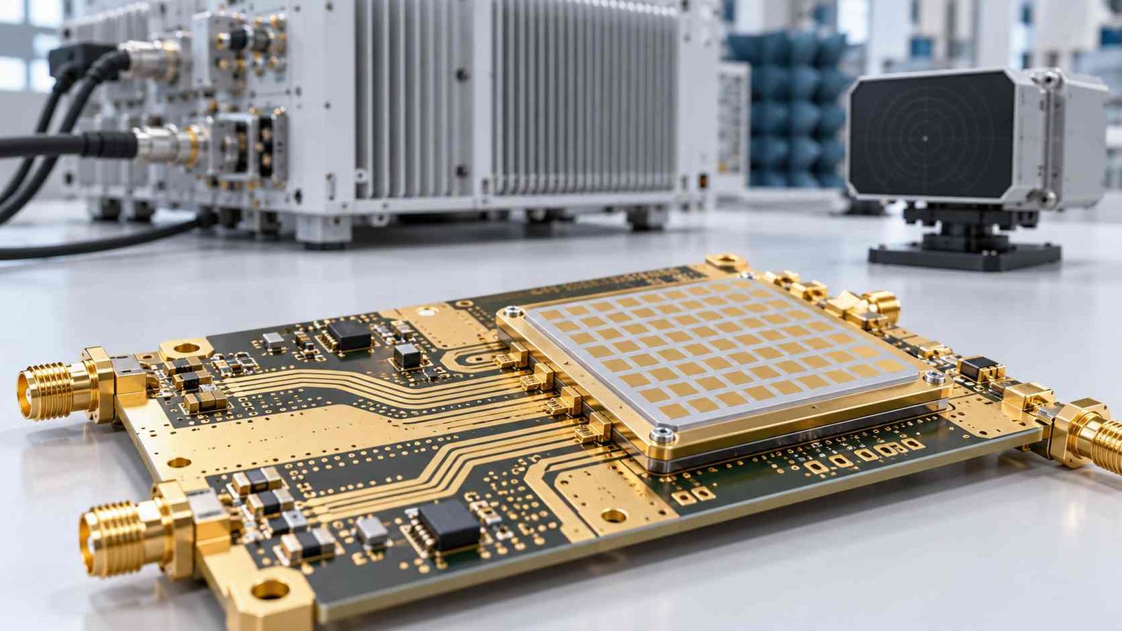 High-frequency PCB with gold-plated RF traces, antenna module and SMA connectors for 5G and radar systems
