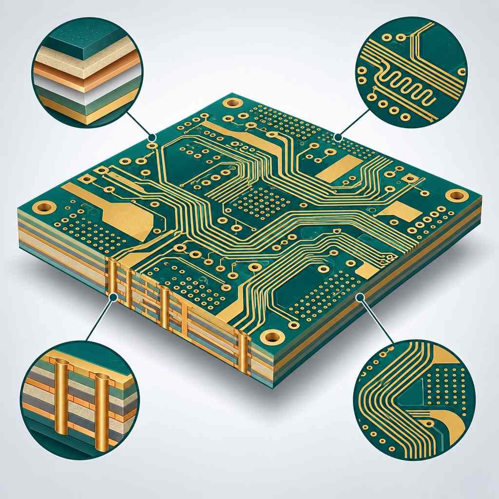 High-frequency circuit board with callouts for substrate selection, impedance layout rules, precision fabrication and future technology