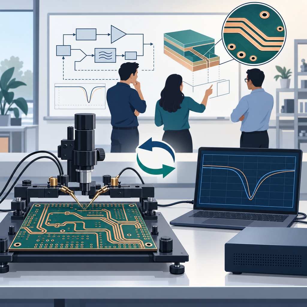High-frequency PCB test bench with a probe station and a research group collaborating around an iterative design loop