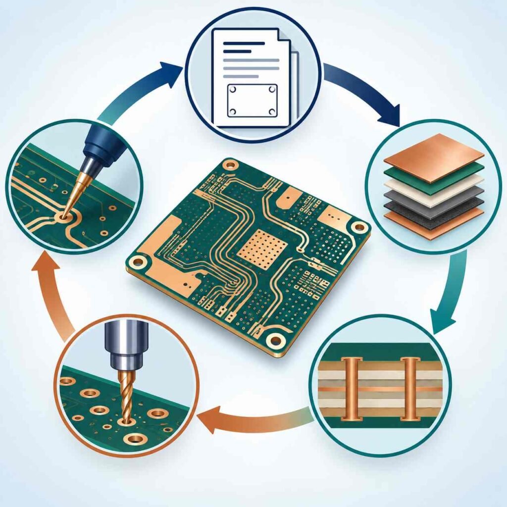 Five-stage customization workflow ring for high-frequency PCBs from requirements through material, stack-up, process and test