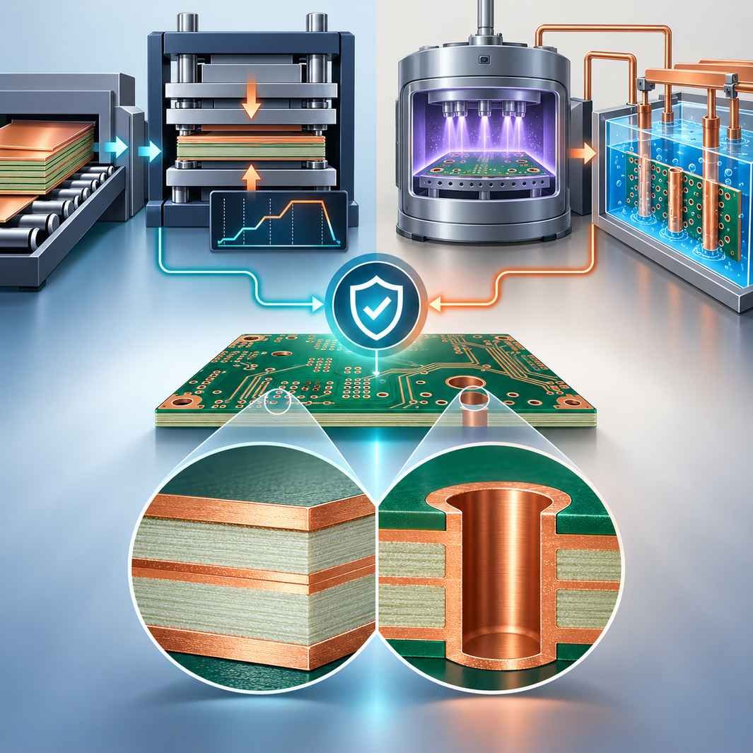 Two-front defense against delamination and rough hole walls in high-frequency PCB production, joined by a central quality system node