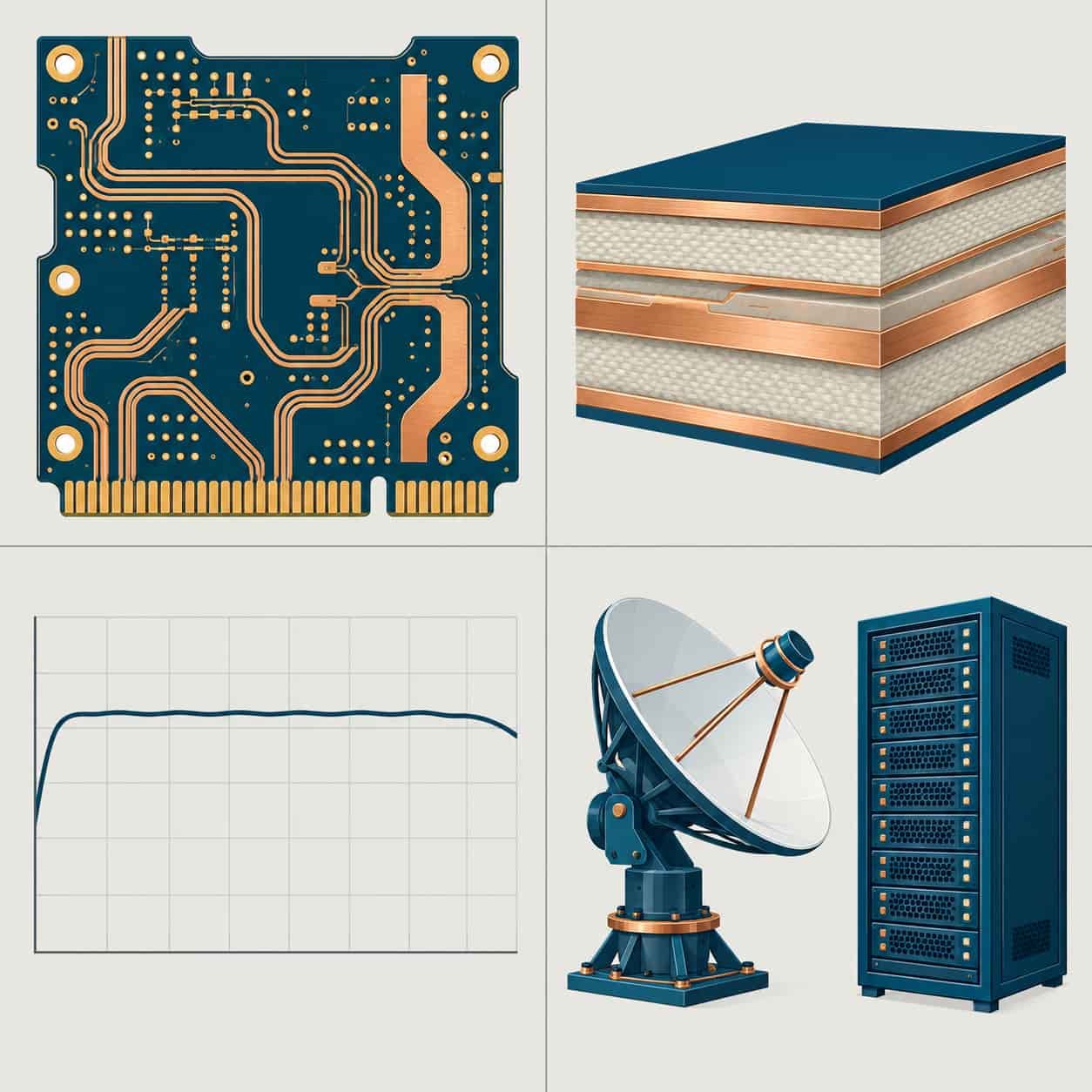 Four-quadrant overview of high-frequency PCBs covering definition, materials, performance and applications