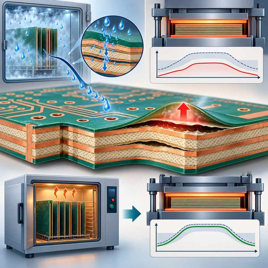 High-frequency PCB cross-section showing delamination and blistering from moisture absorption and low lamination temperature, with bake oven and press fixes